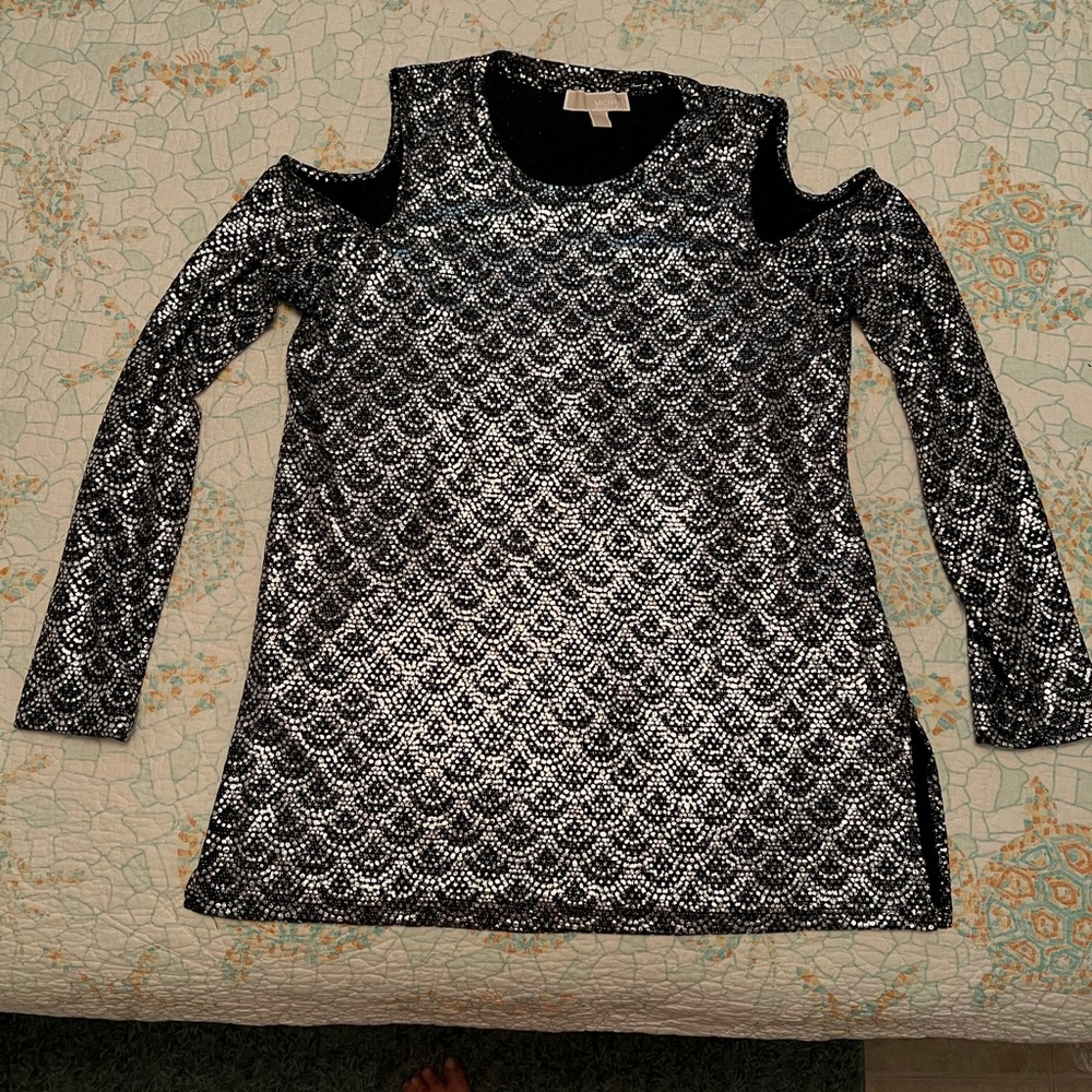 Michael Kors Black and White Cold Shoulder Sequin Top